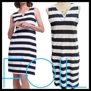 FOIL Navy/White Cotton Bold Stripe V-Neck Sleeveless Pocket Shift Dress (S)